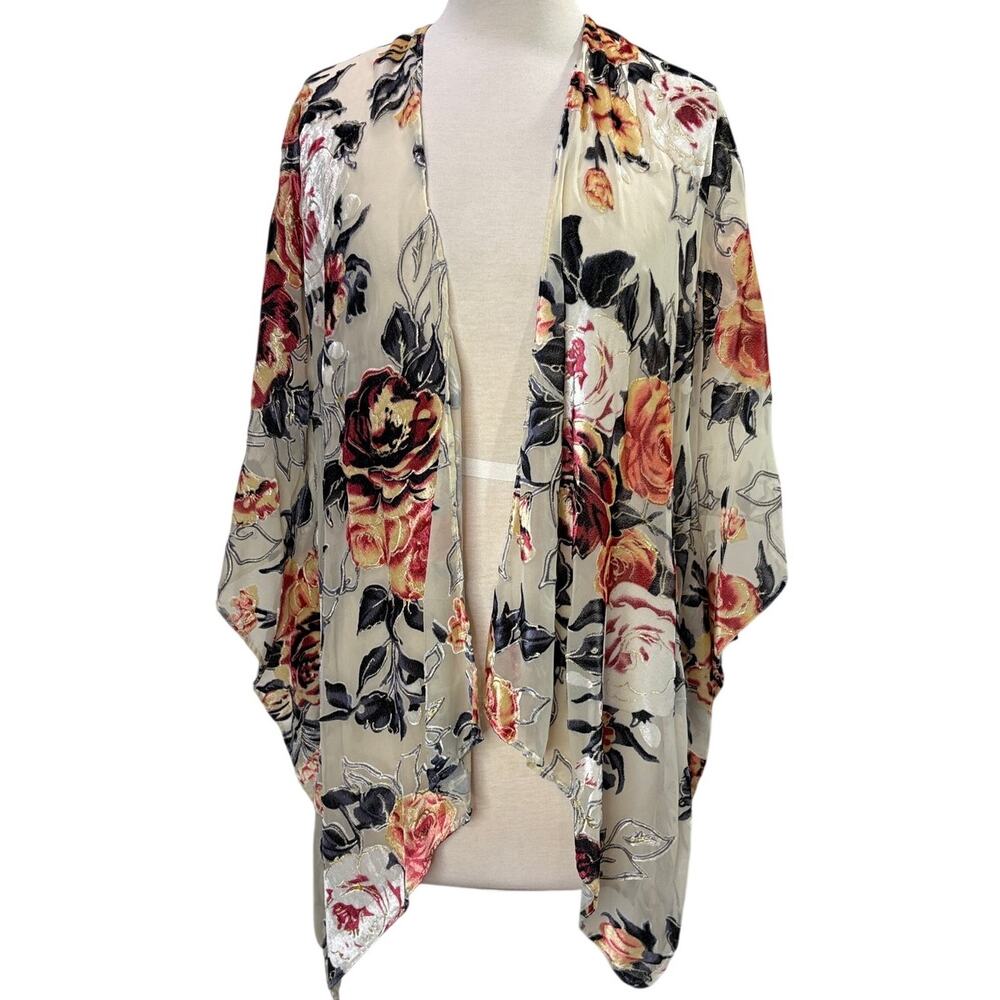 Roffe Anthropologie One Size Cardigan Kimono Floral Velvet Burnout Boho Festival